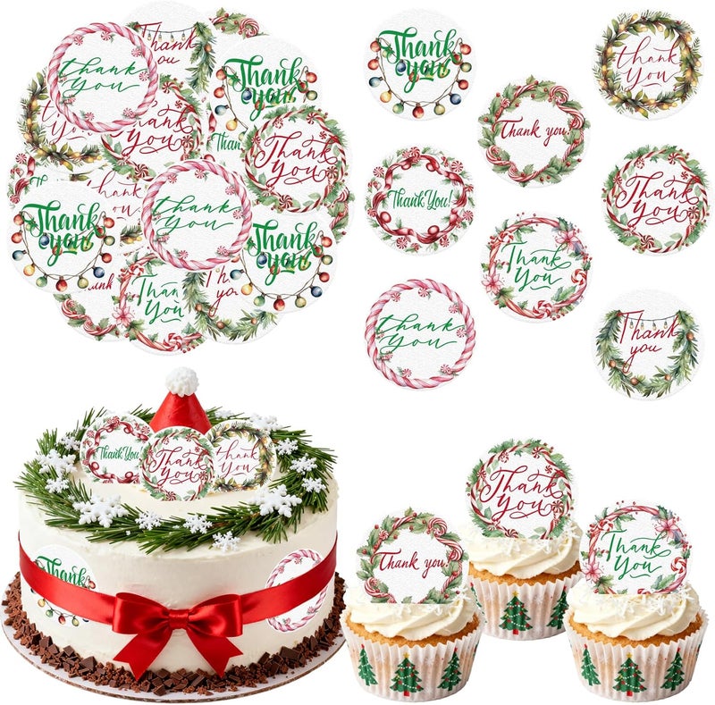 Fyeoxle 36PCS Edible Christmas Thank You Cupcake Toppers Wafer Paper Holly Jolly Candy Cupcake Toppers Thank You Cake Picks for Christmas Theme Party Baby Shower Birthday Supplies - Image 2